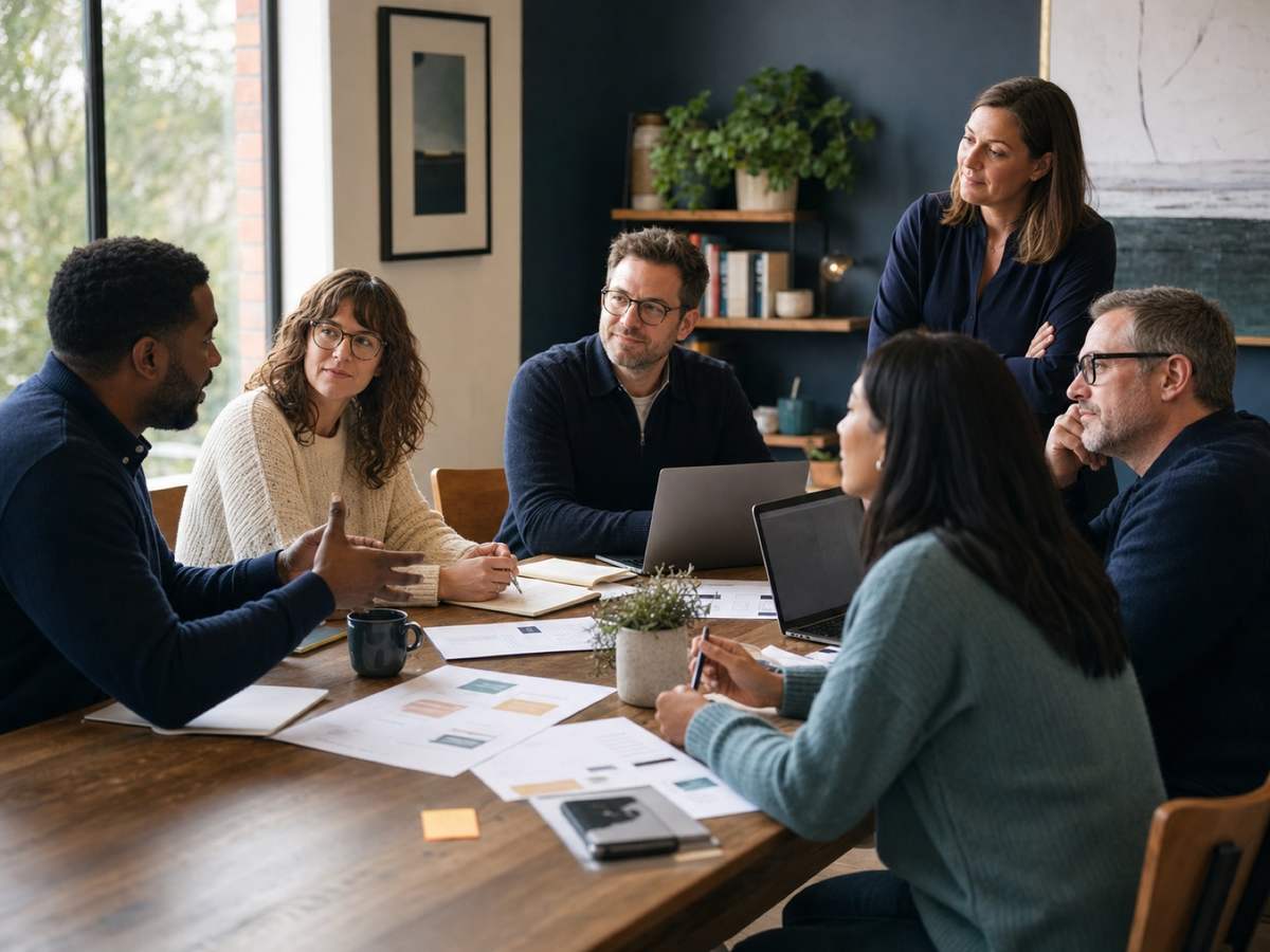 A ministry leadership team collaborating around a table in a human-first AI workshop