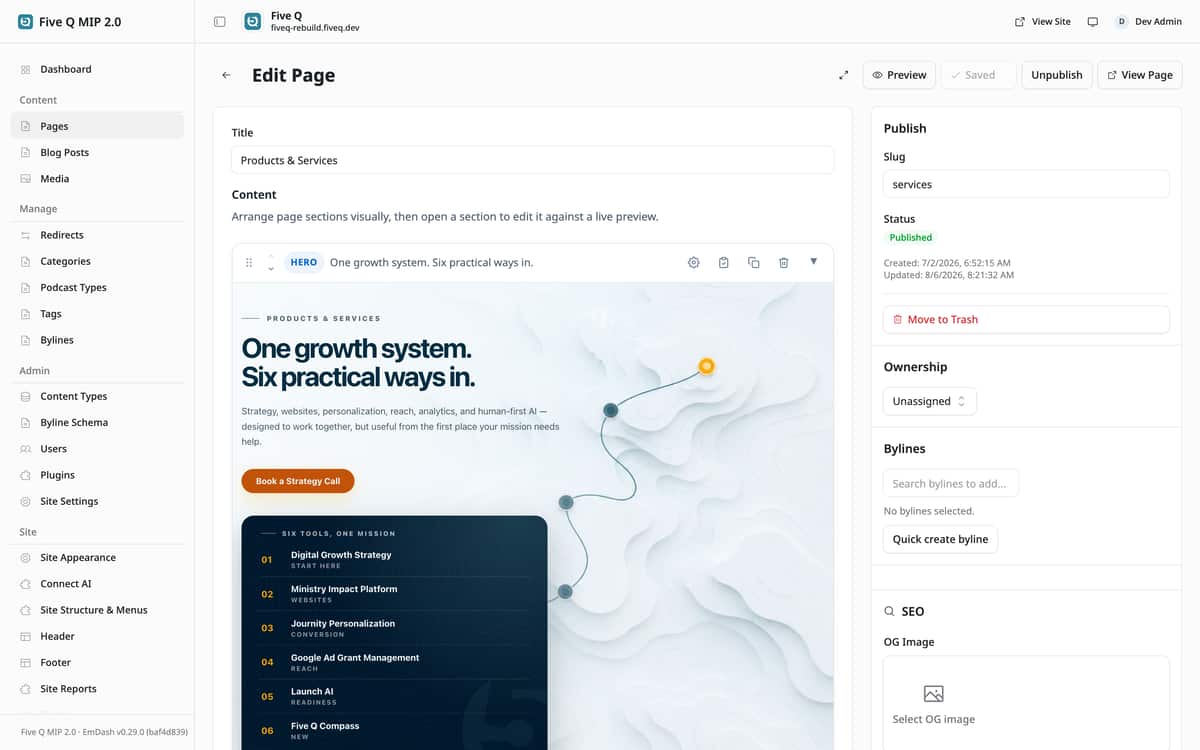 The Ministry Impact Platform page editor with a visual section builder and live preview