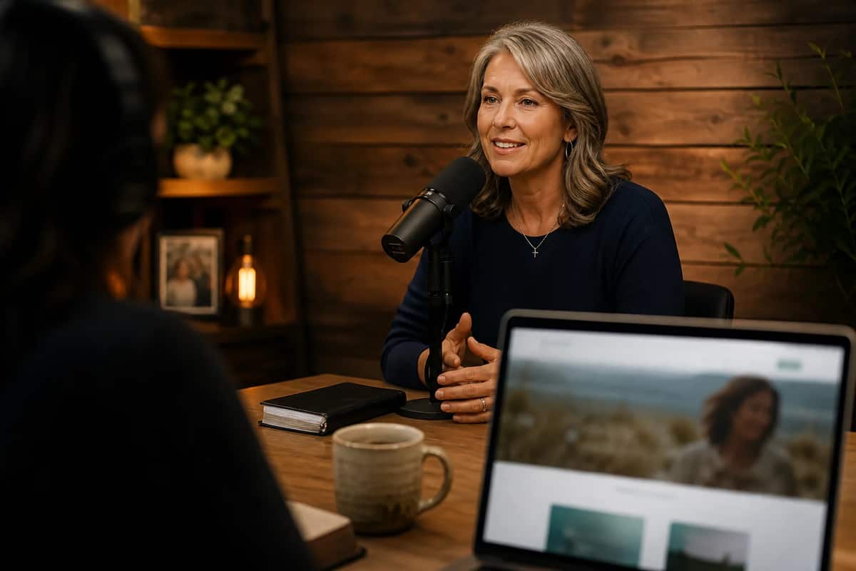 A women's ministry leader recording a podcast in a warm studio