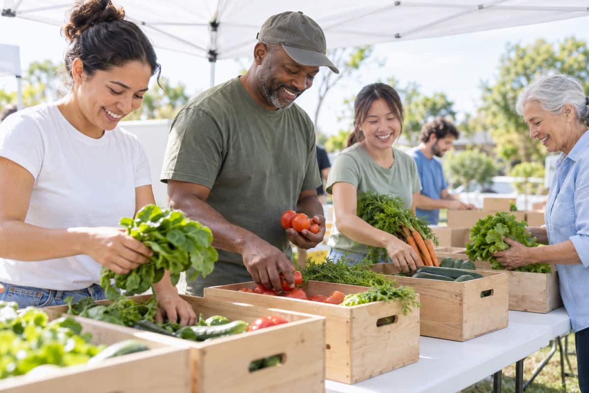 Volunteers smiling as they sort fresh produce into crates